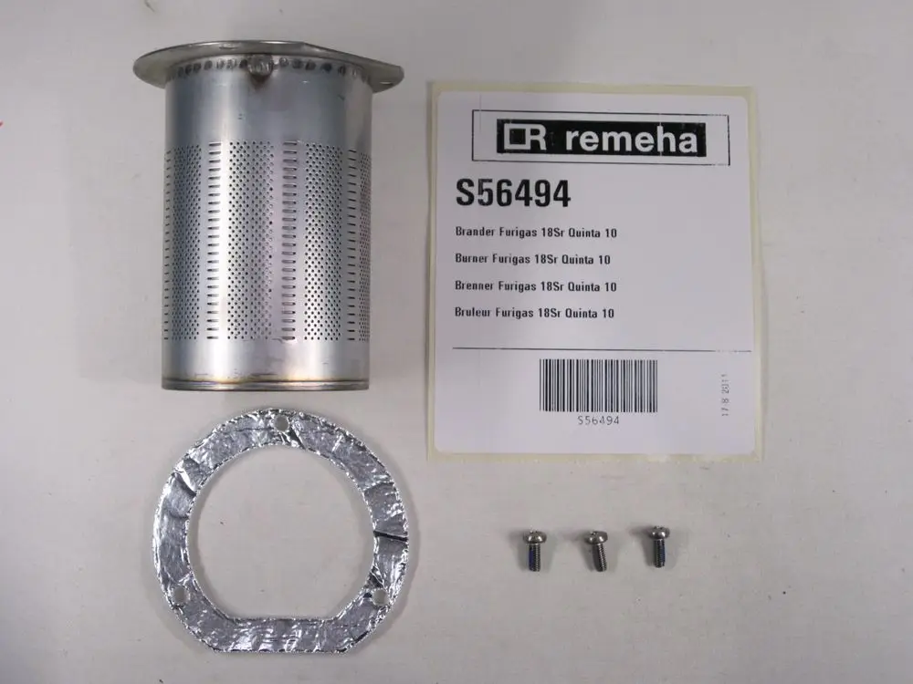 Edelstahlbrenner von Remeha, zylindrisch mit perforierter Oberfläche, begleitet von einer Dichtung und drei Schrauben zur Befestigung.